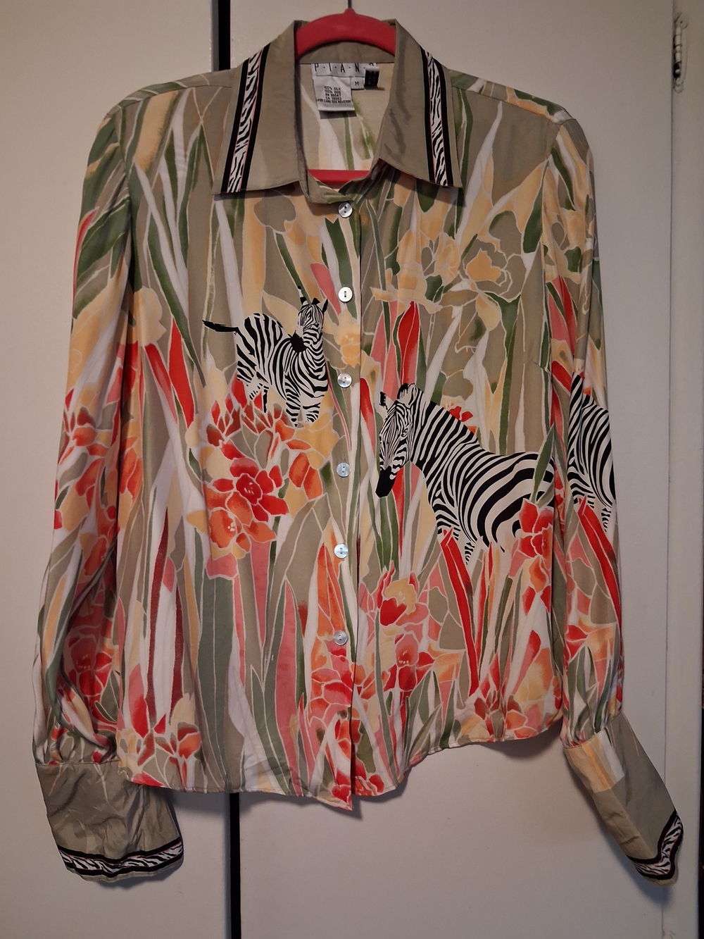 Vintage Piano Silk Zebra & Floral Button-Front  Women's Blouse